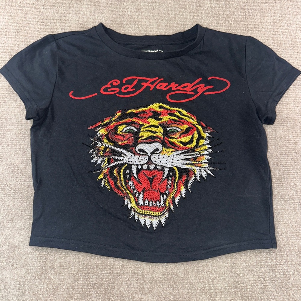 Ed Hardy Black Rhinestone Tiger Crop Top Baby Tee Small Y2K Streetwear